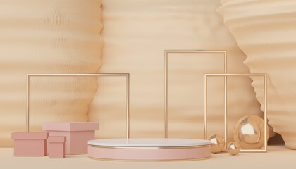 Podium for product placement with Retro modern and contemporary design. 3d rendering minimal scene for mock up and showing brand. Pedestal platform for cosmetic advertise. Various of arch simple.