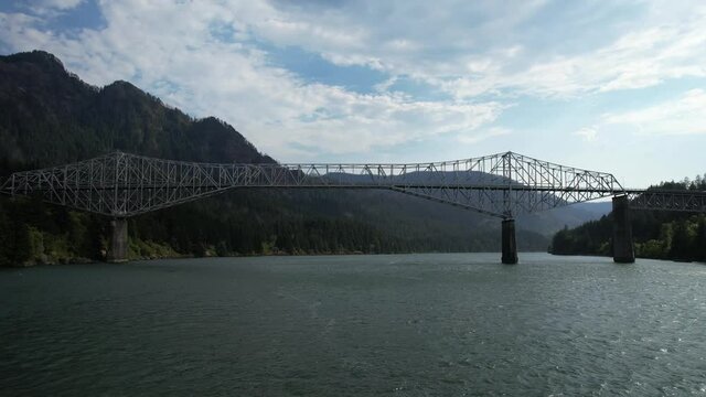 Drone footage Bridge of the Gods in Columbia River Gorge between Oregon and Washington state