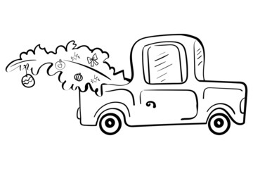 Retro Car Transports Christmas Tree Cartoon Illustration for Coloring Vector