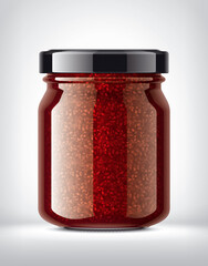 Glass Jar with Raspberry Jam on Background. 