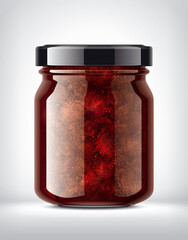 Glass Jar with Strawberry Jam on Background. 