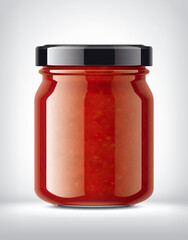Glass Jar with Tomato Sauce on Background. 