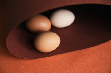 Chicken eggs are laid in a row on brown paper. Paper rolled into a spiral or oval. Easter eggs for...