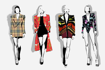 Fashion models sketch hand drawn. Fashion model posing. Stylized fashion silhouettes isolated on white. Vector fashion illustration set.