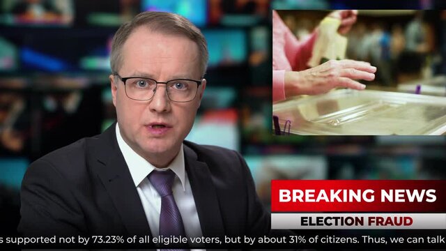 TV studio news male anchor presenter talking breaking news about elections. Frame sequence