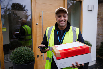 Portrait confident, friendly deliveryman with package and smart phone at front door