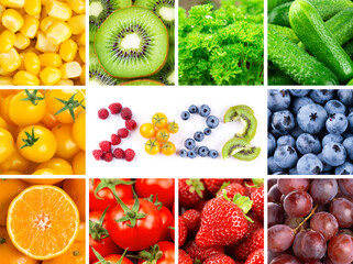 Fruits and vegetables. New year 2022 made of fruits and vegetables. Healthy food. Texture