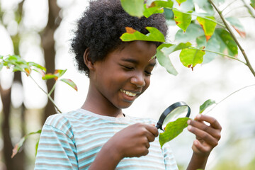 Happy African American boy looking at leaves through magnifying glass. Education, field trips,...