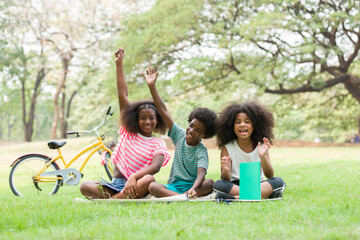 Fototapeta premium Smiling African American children playing together outdoor. Cheerful kids having fun raising hands in the park. Happy black people, Afro curly hairstyle concept