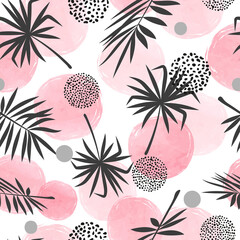 Seamless abstract tropic pattern with palm leaves and pink circles. Vector background.	