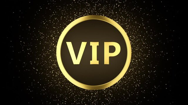 Golden VIP badge with glow effect against flying apart gold particles