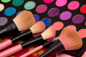 palette of many colors for makeup with its accessories