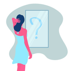 girl looks in the mirror with a question mark. Vector