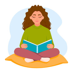 Woman reading book. Girl holding textbook. Vector illustration in flat style. Literacy day concept.