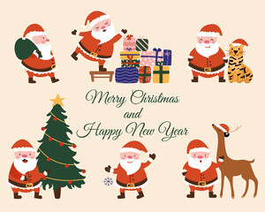 Set of vector cartoon character Santa Claus with gifts, deer, tiger. Christmas card, invitation, banner, tag, poster. Flat illustration