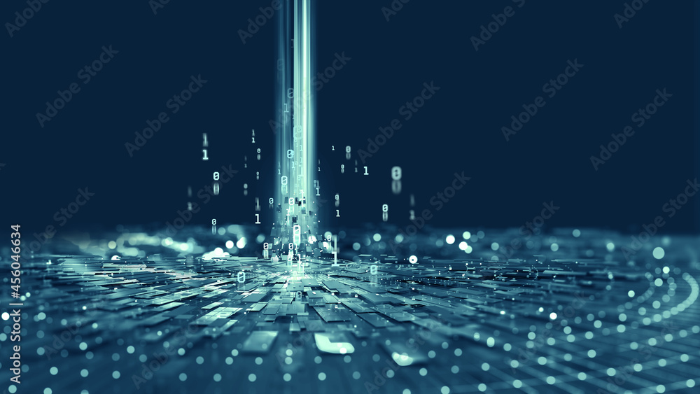 Poster Stream, flow digital data. Big data analytics and business strategy for innovative solutions. 3D illustration of network structures, guides and nodes of information accumulation