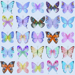 Seamless botanical summer pattern with colorful watercolor butterflies