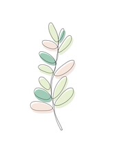 One line hand drawn plant leaves with green and pink colours. Vector illustration isolated on white background. Minimalist nature art. 