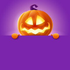 3D illustration of cute glowing Jack O Lantern orange pumpkin character with big blank signboard on purple background. Wide copy space for design.
