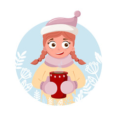 Girl in winter holds cup of tea or coffee in her hands. Beautiful winter background. Girl in winter warm clothes, hat. Vector cartoon illustration