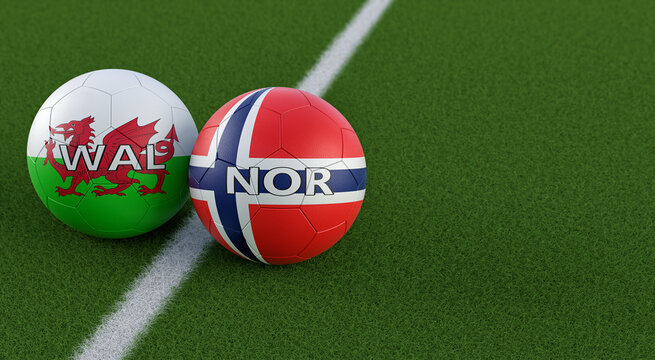 Wales vs. Norway Soccer Match - Leather balls in Wales and Norway national colors. 3D Rendering