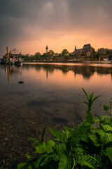 Frankfurt Höchst, beautiful panorama view in a long exposure, rain and clouds at sunset....