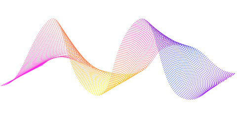 Abstract flowing wavy lines with rainbow gradient color. Digital frequency track and voice equalizer. Halftone frame dot stripes. Vector Blend design element