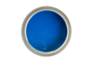 Can of blue paint isolated on white background, top view 