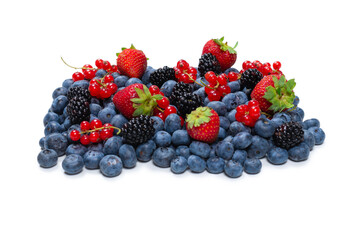 Blackberry, raspberry, blueberry,  red currant and mint background.