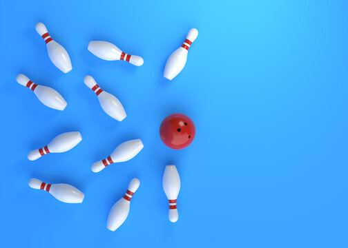 Bowling ball hits all the skittles on blue background. Creative minimal concept. 3d rendering illustration
