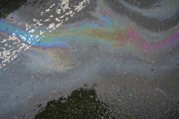 Spots of gasoline on an asphalt road in the rain as a texture or background. Rainbow oil stains.