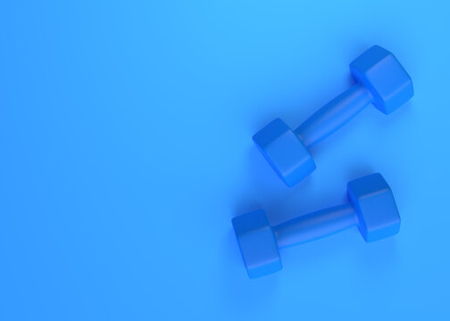 Two blue rubber or plastic coated fitness dumbbells on blue background. Sport equipment. Minimal creative concept. 3D render illustration