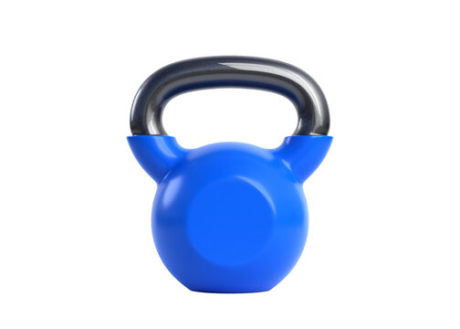 Blue kettlebell over white background. Heavy weights. Gym and fitness equipment. Workout tools. Muscle exercise, bodybuilding or fitness concept. 3D rendering illustration