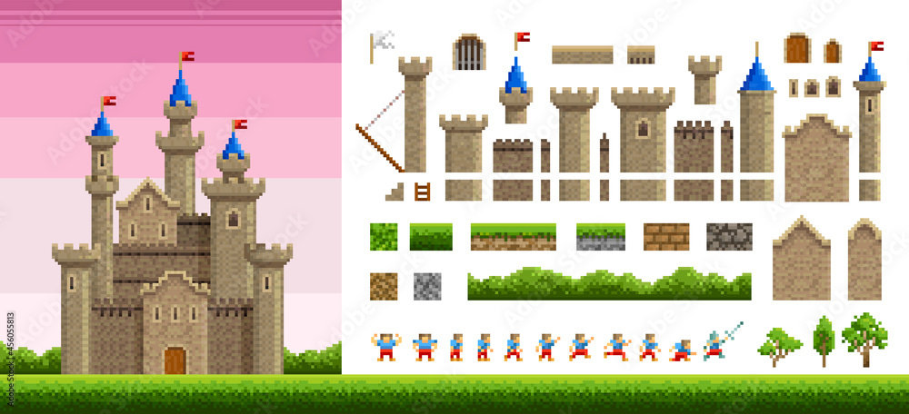 Poster pixel art castel or fortress design with animation character and park landscape elements. 8 bit fore