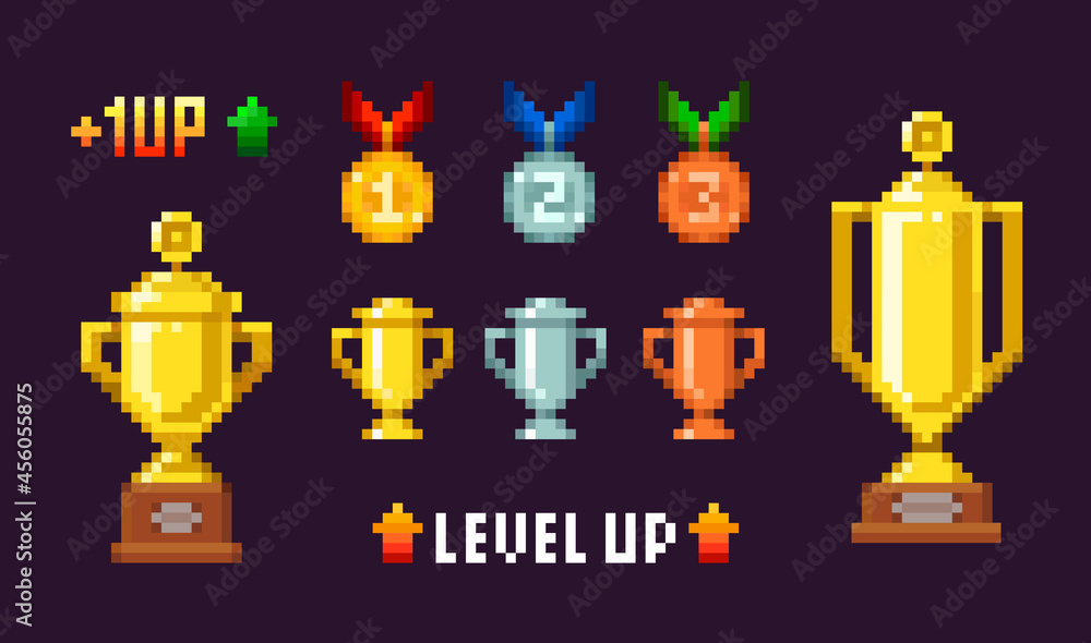 Aufkleber 8-bit trophy cups and medals icons with level up text template for retro video game design. pixel ar
