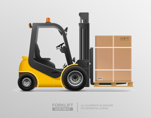 Realistic forklift truck or warehouse loader with goods on pallet vector template. Delivery, logistic industry. Warehouse and storage equipment. Cargo electric forklift