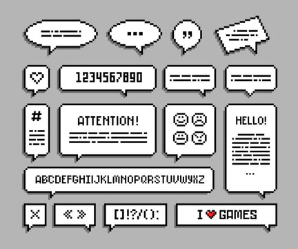 8-bit speech bubble set with text and type font and numbers for retro video game or chat design. Pixel alphabet with symbols and various form comic square text bubbles. Vector template