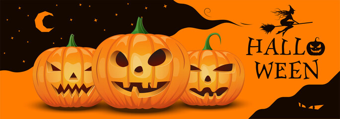 Halloween banner with black witch that flies and brings night. Pumpkins with different expressions stand together. Spooky eyes in a cave spy after someone. Vector flat design stylish illustration