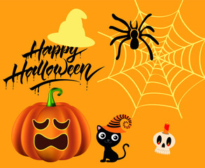Fototapeta na wymiar Happy Halloween Holiday Vector Trick Or Treat with Cat and Spider Pumpkin