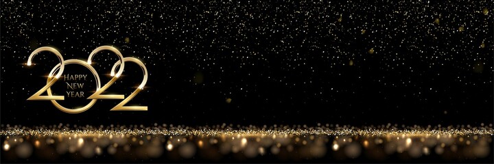 Happy New Year banner vector template. Winter holiday, Christmas congratulations. Festive postcard, luxurious greeting card concept. Gold 2022 number with golden glitter illustration with text space.