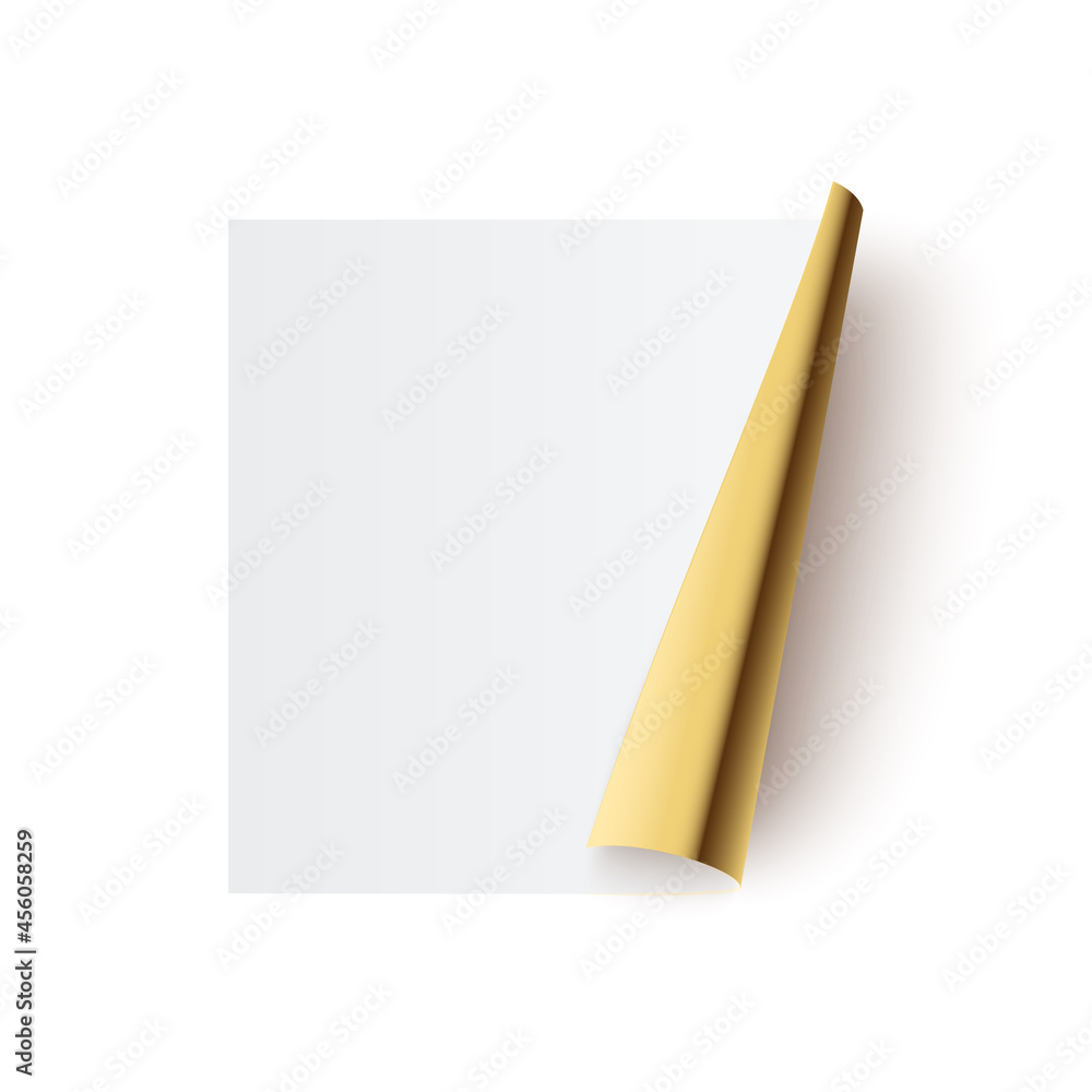 Poster paper sticker with curl golden corner vector illustration. sticker blank page leaf with curved rolle
