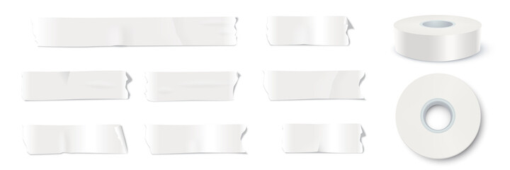 White adhesive tape set. Sticky duct paper strips, cuts, textured and glued, whole rolls vector illustration. Realistic torn and ripped plastic packaging tool on white background