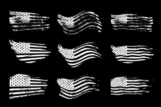 Black and white American flag in grunge style set. Vintage rough textured design vector illustration. Monochrome stripes and stars sketches of USA. Creative national symbol icons