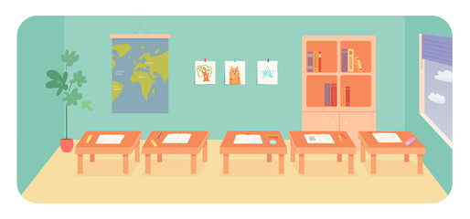 Empty school classroom, class room interior with student books for lesson on desk tables