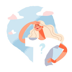 Girl looking to future, success vision of young woman character with long blond hair