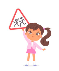 Girl with long and curly hair studying traffic rules, holding sign in front of pedestrian crossing