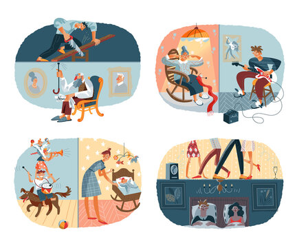 Loud noisy neighbours set. Problems in neighbouring apartments at home vector illustration. Party, annoyed woman by guitar playing, mother with child vs music, construction work vs old man