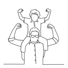 Boy sits on shoulders, dad and son show a gesture of strength.