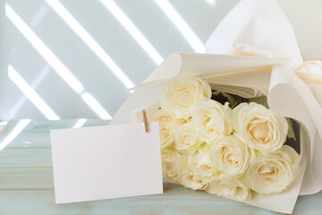Bouquet white roses. Selective focus. Copy space.
