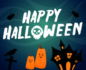 Happy Halloween 31 October Background with Pumpkin Orange and Spider Castle And Rip Vector